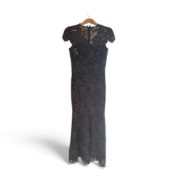 Eliza J Navy Floral Lace scalloped- edge gown - Picture 3 of 6